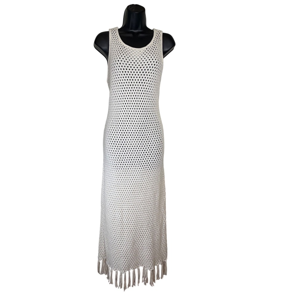 Vince Camuto European Summer Cream Open Weave Crochet Fringe Hem Maxi Dress